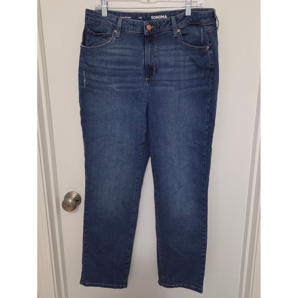 Sonoma Goods For Life Curvy Straight Jeans Dark Wash Size 14R Distressed Denim